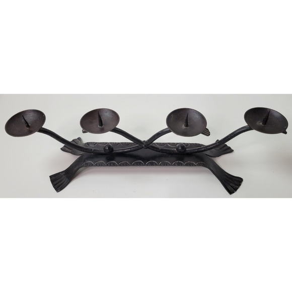 Vintage Wrought Iron 4 Pillar‎ Candle Holder Candelabra Brutalist Centerpiece